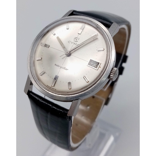 816 - A Vintage CYMA Navystar Gents Watch. Black leather strap. Stainless steel case - 35mm. Silver tone d... 