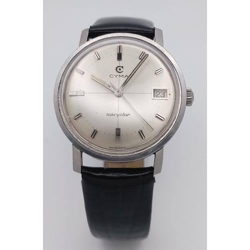 816 - A Vintage CYMA Navystar Gents Watch. Black leather strap. Stainless steel case - 35mm. Silver tone d... 