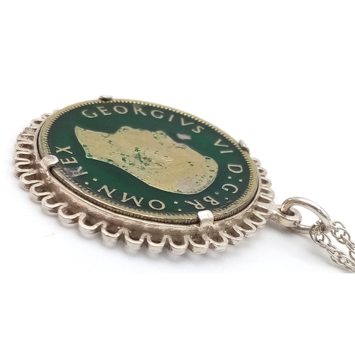 927 - A Rare Vintage Enamelled George VI 1949 Two Shilling Coin Silver Mounted Pendant Necklace. Pendant M... 