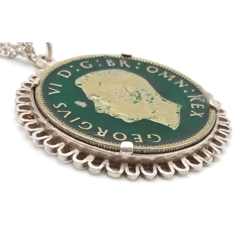 927 - A Rare Vintage Enamelled George VI 1949 Two Shilling Coin Silver Mounted Pendant Necklace. Pendant M... 