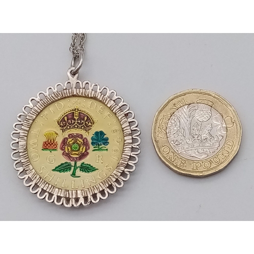 927 - A Rare Vintage Enamelled George VI 1949 Two Shilling Coin Silver Mounted Pendant Necklace. Pendant M... 