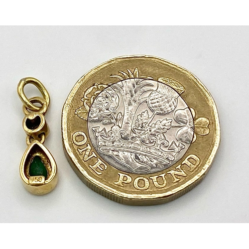 983 - AN 18K YELLOW GOLD, DIAMOND & EMERALD DROP PENDANT. 1.3G