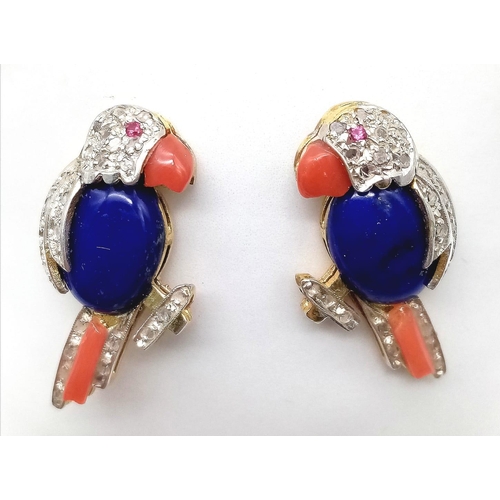 1067 - A Glorious Pair of 18K Gold, Lapis, Ruby, Coral and Diamond Parrot Earrings! There is so much going ... 