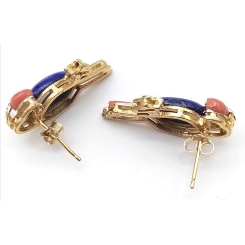 1067 - A Glorious Pair of 18K Gold, Lapis, Ruby, Coral and Diamond Parrot Earrings! There is so much going ... 