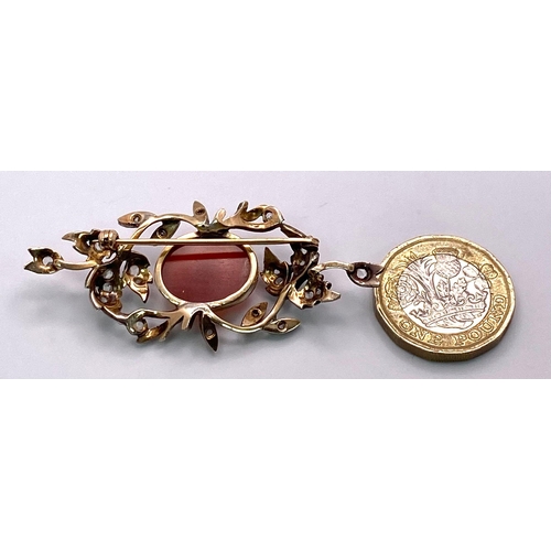 206 - Beautiful Antique, Mid-Carat Gold Brooch with set Diamond and Carnelian Centre Stone. 
Measures 5cm ... 