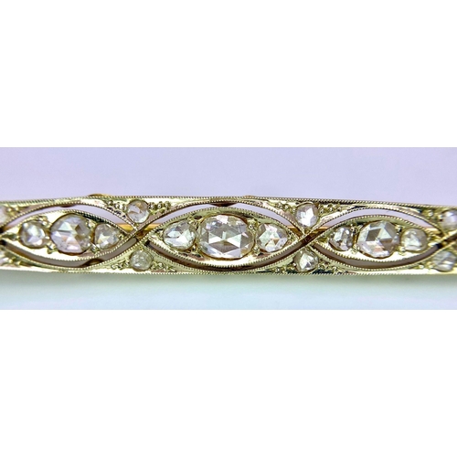 1051 - Stunning Antique 18kt Yellow Gold Diamond encrusted Bar Brooch.
Measuring a whooping 8cm wide, this ... 