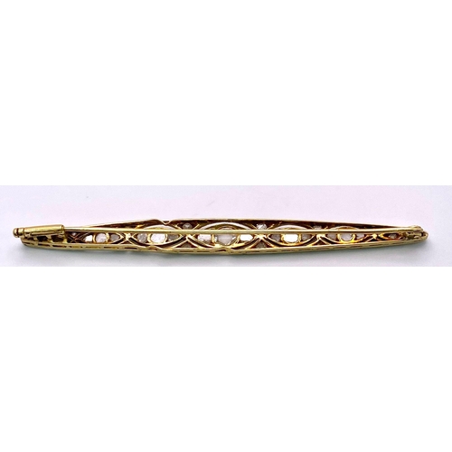 1051 - Stunning Antique 18kt Yellow Gold Diamond encrusted Bar Brooch.
Measuring a whooping 8cm wide, this ... 