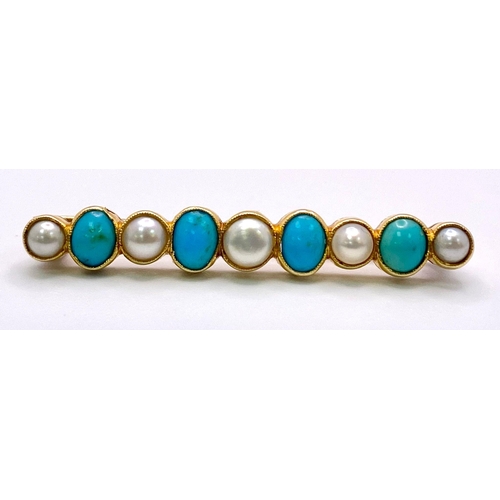 256 - An Antique 18K Gold (tested) Turquoise and Pearl Bar Brooch. Alternating pearl and turquoise cabocho... 