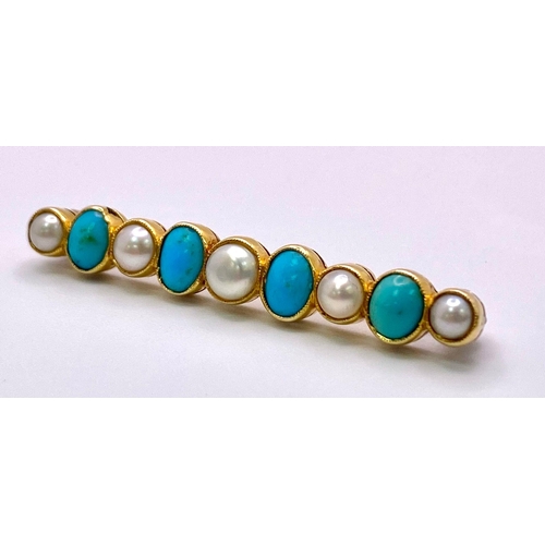 256 - An Antique 18K Gold (tested) Turquoise and Pearl Bar Brooch. Alternating pearl and turquoise cabocho... 