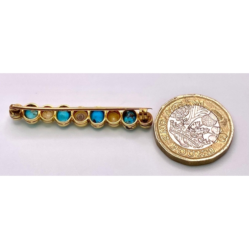 256 - An Antique 18K Gold (tested) Turquoise and Pearl Bar Brooch. Alternating pearl and turquoise cabocho... 