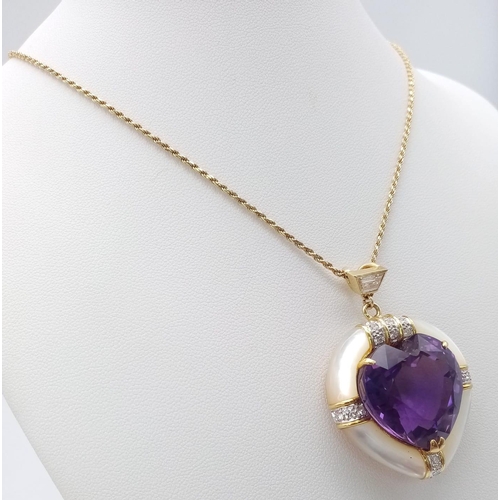 1097 - A FINEST QUALITY 30ct AMETHYST TRAPEZE PLUS 1ct OF DIAMONDS ON AN 18K GOLD CHAIN . A REAL EYE CATCHI... 