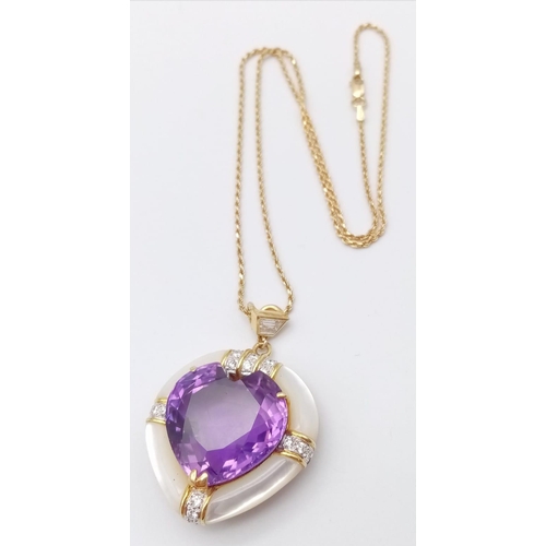 1097 - A FINEST QUALITY 30ct AMETHYST TRAPEZE PLUS 1ct OF DIAMONDS ON AN 18K GOLD CHAIN . A REAL EYE CATCHI... 