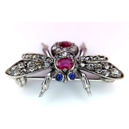 1137 - A GEORGIAN BUSY BEE BROOCH WITH BURMESE RUBY AND  DIAMONDS WITH SAPPHIRE EYES .  3.8gms