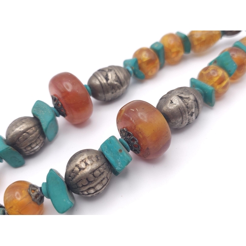 1236 - A Tribal Resin Amber Necklace with Cuff Bangle. Necklace - 46cm