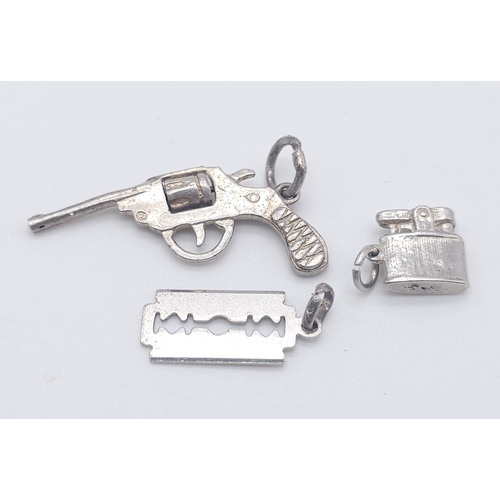 1347 - 3 X STERLING SILVER GANGSTA / PEAKY BLINDERS STYLE CHARMS GUN, RAZOR & LIGHTER. 7.3G