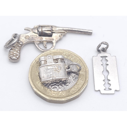 1347 - 3 X STERLING SILVER GANGSTA / PEAKY BLINDERS STYLE CHARMS GUN, RAZOR & LIGHTER. 7.3G