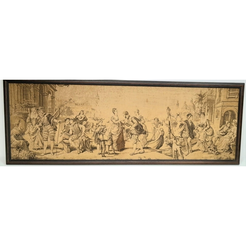 457 - A Large Antique Framed Wall Tapestry Depicting a Royal Courtyard Scene. In frame - 140 x 50cm.