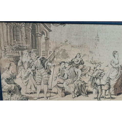 457 - A Large Antique Framed Wall Tapestry Depicting a Royal Courtyard Scene. In frame - 140 x 50cm.