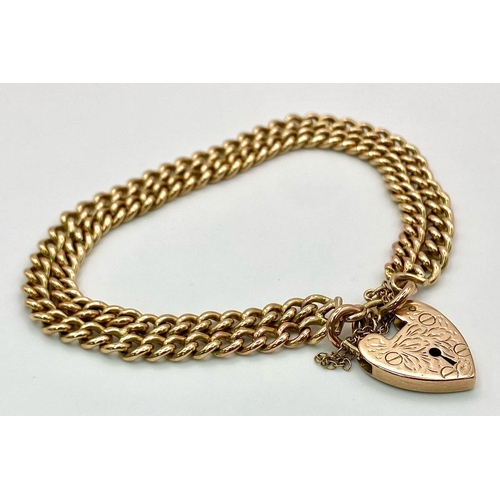 50 - A Beautiful Vintage 9K Gold  Two Row Curb Link Bracelet with Heart Clasp. 18cm length. 26.75g weight... 