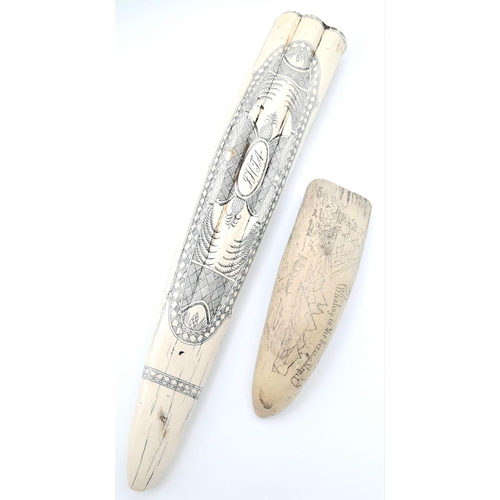 502 - 2 AMAZINGLY REALISTIC EXAMPLES OF SCRIMSHAW  33cms in LENGTH WITH ADDED CRIBBAGE BOARD AND THE OTHER... 