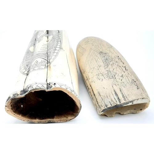 502 - 2 AMAZINGLY REALISTIC EXAMPLES OF SCRIMSHAW  33cms in LENGTH WITH ADDED CRIBBAGE BOARD AND THE OTHER... 