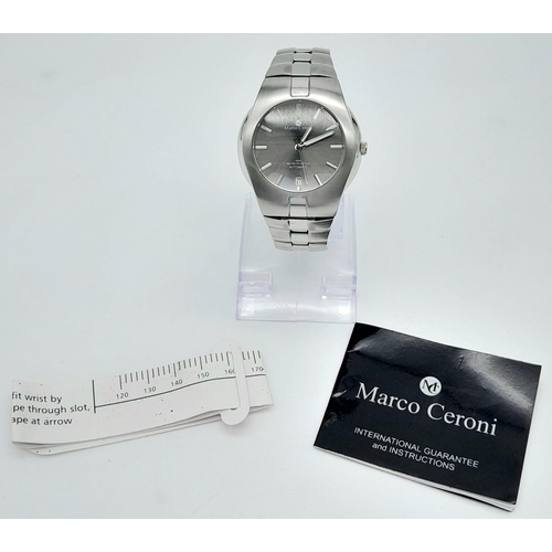 1501 - A Marco Ceroni Watch. Stainless steel bracelet and case - 40mm. In working order. Comes with a case.