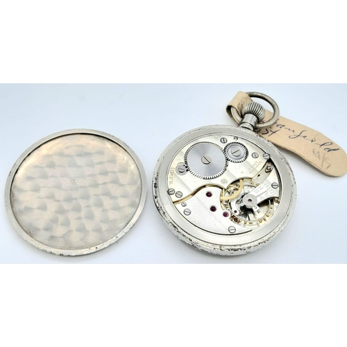 1511 - A WW2 Officers Pocket Watch. Not currently working so a/f. 
5cm diameter. Top winder. Military marki... 