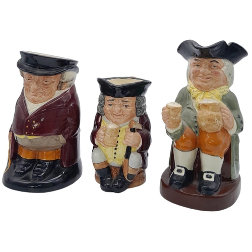 1518 - 3 TRADITIONAL TOBY JUGS BY ROYAL DOULTON , JOLLY TOBY (16cms) . THE HUNTSMAN (19.5cms) AND HAPPY JOH... 