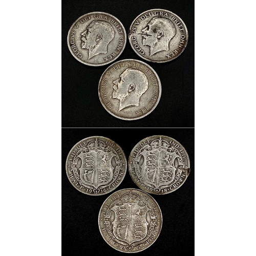 1519 - Three George V Silver Half Crown Coins - 1915, 1916 and 1918. Please see photos for conditions.