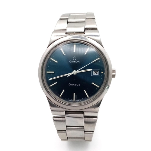 155 - An Omega Vintage 17 Jewel Geneve Watch. Stainless steel bracelet and case - 36mm. Blue dial with dat... 