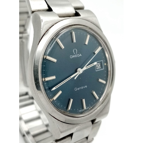 155 - An Omega Vintage 17 Jewel Geneve Watch. Stainless steel bracelet and case - 36mm. Blue dial with dat... 