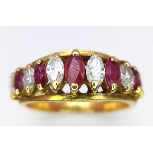 158 - AN 18K YELLOW GOLD DIAMOND & RUBY MARQUISE CUT RING 1CT DIAMONDS & 0.50CT RUBIES. 4.9G SIZE O