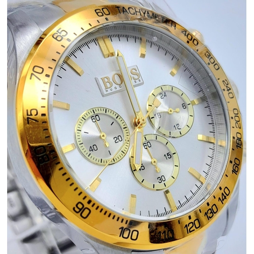 210 - A very attractive two-tone HUGO BOSS tachymeter gents watch, 45 mm case, calibrated bezel, silvered ... 