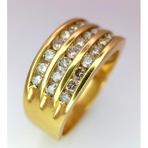 260 - An 18K YELLOW GOLD 3 ROW DIAMOND RING - 1CT. 7.5G. SIZE Q