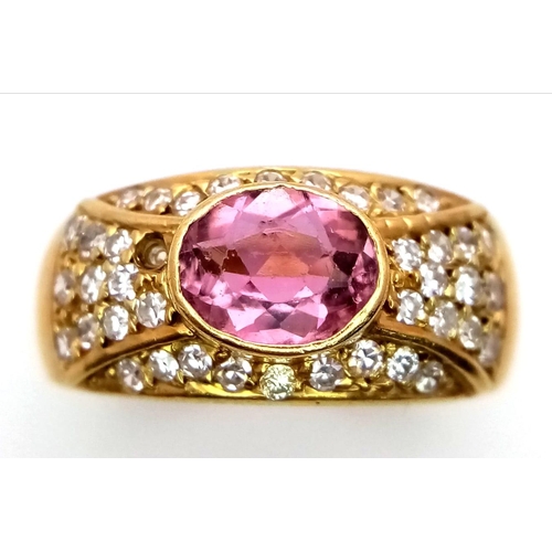 288 - An 18K YELLOW GOLD DIAMOND & PINK GEMSTONE (BELIEVED TO BE SAPPHIRE) RING. 0.50CT. 6.6G. SIZE K