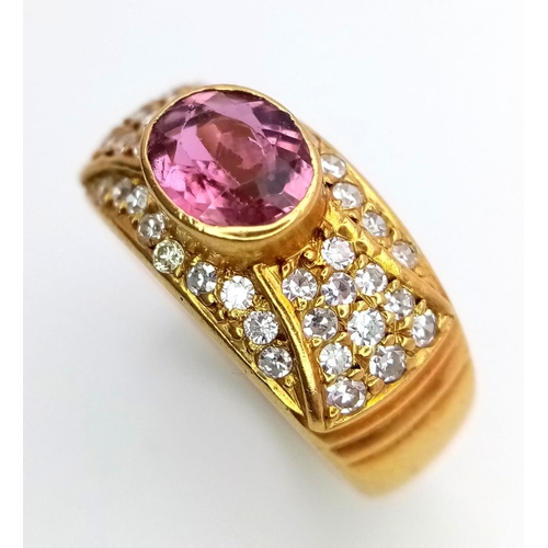 288 - An 18K YELLOW GOLD DIAMOND & PINK GEMSTONE (BELIEVED TO BE SAPPHIRE) RING. 0.50CT. 6.6G. SIZE K