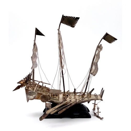 335 - Early Chinese Silver (tested) Warship Model. Excellent detail with rigging, cannons and oars. Mounte... 