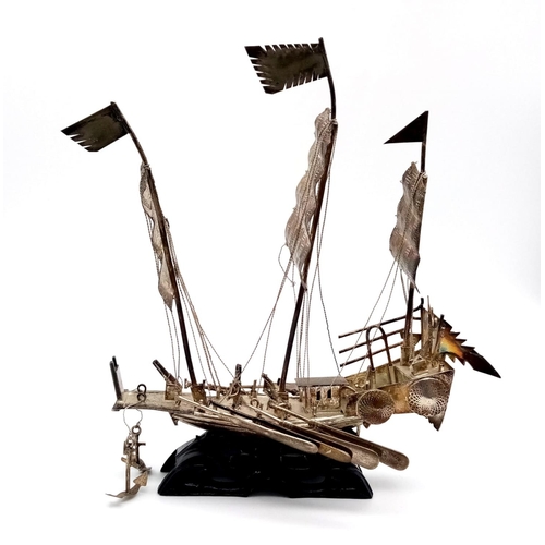 335 - Early Chinese Silver (tested) Warship Model. Excellent detail with rigging, cannons and oars. Mounte... 