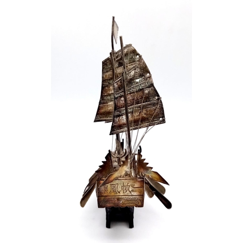 335 - Early Chinese Silver (tested) Warship Model. Excellent detail with rigging, cannons and oars. Mounte... 