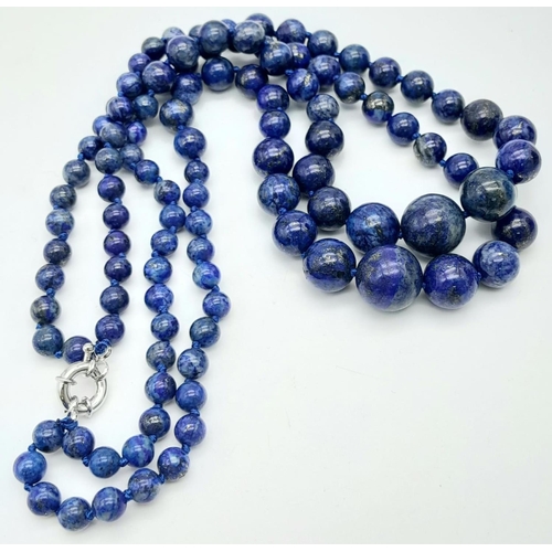 401 - A Two Row Lapis Lazuli Graduated Bead Necklace. 6-14mm beads. 44cm necklace length.