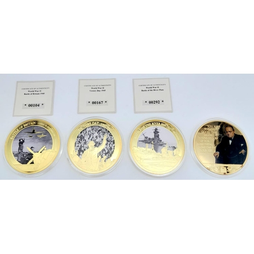 1018 - 4 ENCAPSULATED WINDSOR MINT GOLD PLATED COMMEMORATIVE COINS . BATTLE OF BRITAIN , BATTLE OF THE RIVE... 