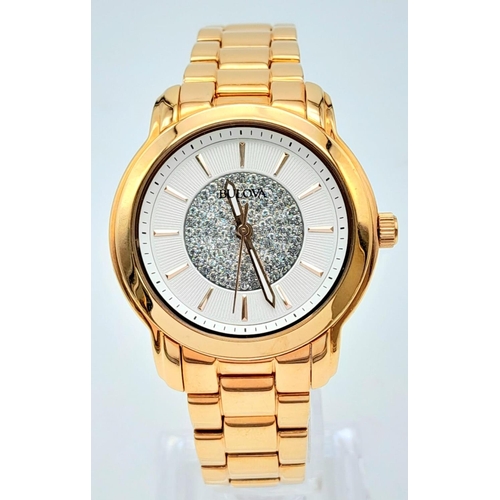 1420 - A Ladies Excellent Condition Rose Gold Tone Clear Stone Set Face Quartz Watch by Bulova. 37mm Includ... 