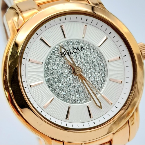 1420 - A Ladies Excellent Condition Rose Gold Tone Clear Stone Set Face Quartz Watch by Bulova. 37mm Includ... 