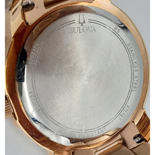 1420 - A Ladies Excellent Condition Rose Gold Tone Clear Stone Set Face Quartz Watch by Bulova. 37mm Includ... 