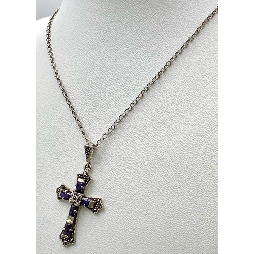 883 - A Vintage or Older Sterling Silver Amethyst and Marcasite Cross Pendant Necklace. 46cm Length Chain.... 