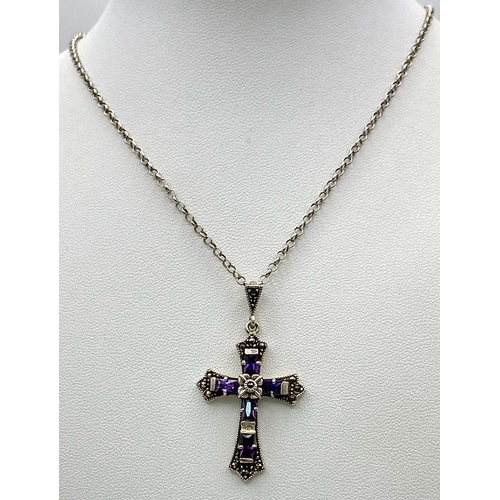 883 - A Vintage or Older Sterling Silver Amethyst and Marcasite Cross Pendant Necklace. 46cm Length Chain.... 