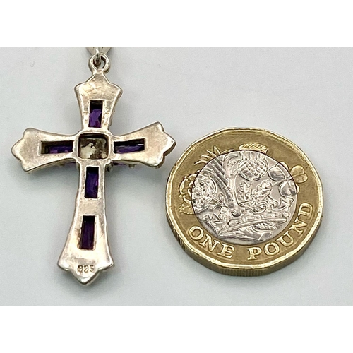 883 - A Vintage or Older Sterling Silver Amethyst and Marcasite Cross Pendant Necklace. 46cm Length Chain.... 