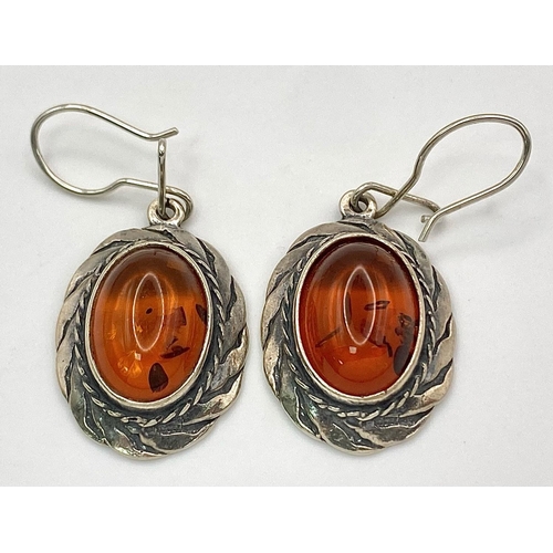 899 - A Pair of Vintage Silver Amber Secure Fit Earrings. 3.5cm length.