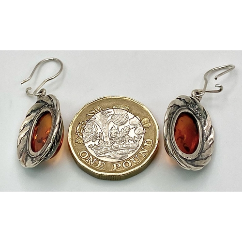 899 - A Pair of Vintage Silver Amber Secure Fit Earrings. 3.5cm length.