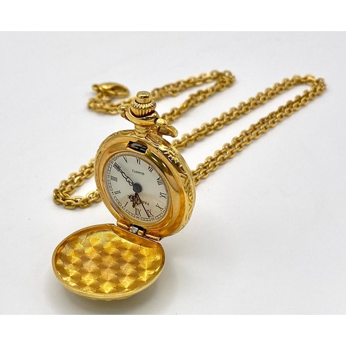 900 - A Parcel of Two ‘His and Hers’ Gold Tone Quartz Pocket Watches on Albert Chains; comprising of a men... 